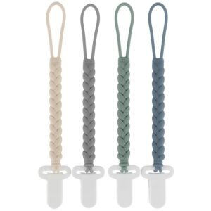 4-Pack Silicone Pacifier Clips with a Woven Rope Shape for Baby Boys and Girls – Flexible and Rust-Free Holders for Teething Relief and Baby Essentials, Safe for Newborns (Grey)