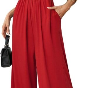 LOOKBOHO Women Dressy Casual Jumpsuits Elegant High Waist Side Ruched Romper Summer Short Sleeves Wide Leg Pants