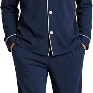 U2SKIIN Mens Cotton Pajama Set, Soft Long Sleeve Pajamas for men Lightweight Button Up Sleepwear Lounge Pjs Set with Pockets