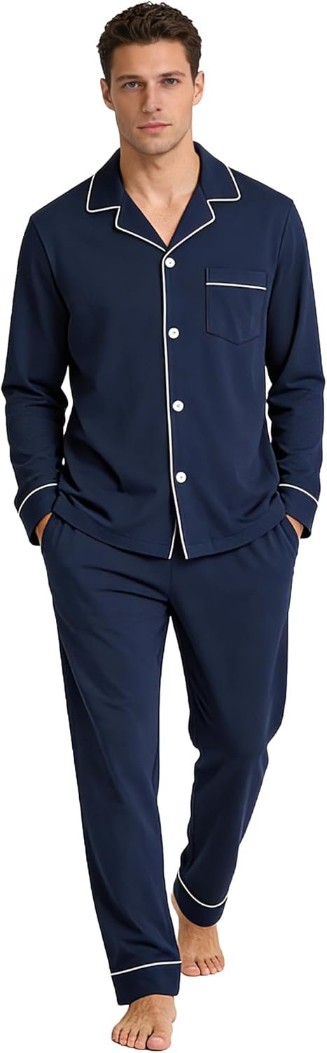 U2SKIIN Mens Cotton Pajama Set, Soft Long Sleeve Pajamas for men Lightweight Button Up Sleepwear Lounge Pjs Set with Pockets