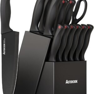 Knife Set, Astercook 15 Pieces Knife Sets for Kitchen with Block, Dishwasher Safe Kitchen Knife Set with Built in Sharpener Block, German Stainless Steel Knife Block Set, Valentine’s Gift