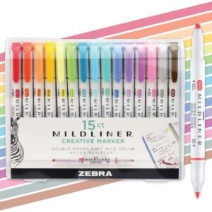 Zebra Pen Mildliner Dual-Tip Highlighter Marker Set, Broad and Fine Point Tips, No Bleed, Ideal for Bible Highlighting, Journaling, School and Office Supplies, Assorted Ink Colors, 15-Pack (78115)
