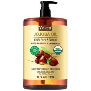 Yoken Pure Jojoba Oil Organic USDA Certified 16 fl oz, 100% Natural Jojoba Oil for Hair, Skin & Face, Cold Pressed Unrefined, Deeply Body Moisturizer Jojoba Carrier Oils for Essential oil Mixing
