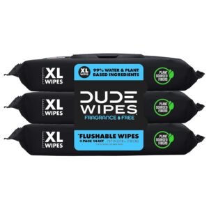 DUDE Wipes Unscented Flushable Wipes – Extra-Large Adult Wet Wipes for Sensitive Skin – 3 Pack (144 Count) – Infused with Vitamin E and Aloe – Septic and Sewer Safe