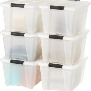 IRIS USA 32 Qt Stackable Plastic Storage Bins with Lids, 6 Pack – BPA-Free, Made in USA – Discreet Organizing Solution, Latches, Durable Nestable Containers, Secure Pull Handle – Pearl