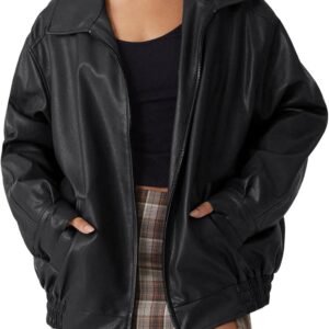 AUTOMET Women’s Oversized Faux Leather Jacket – Fall Motorcycle Style Coat with Zipper Closure