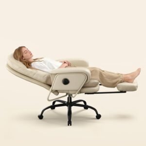 FLEXISPOT Luno 2-in-1 Chaise Lounge Chair Indoor with Wheels Footrest 90-165° Reclining Lumbar Support, Home Office Chairs for Living Room Bedroom Study Working Relaxing, Leather, Beige White, HC4