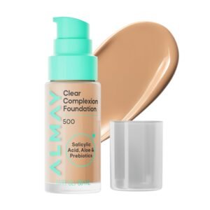Almay Clear Complexion Foundation, Oil-Free Face Makeup for Acne-Prone Skin, Buildable Coverage, Soft-Matte Finish, Vegan, 500, 1 fl oz