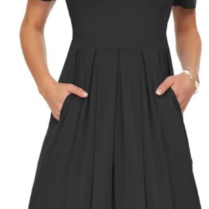AUSELILY Women’s Short Sleeve Summer Dress Pleated Loose Swing Knee Length Dresses with Pockets 2026 New
