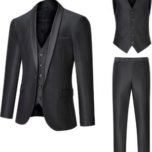 Men’s Suit 3 Piece Slim Fit Suits for Men, One Button Solid Shawl Lapel Blazer Jacket Vest Pants Set for Party Wedding