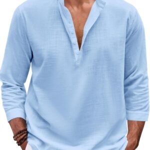 Karlywindow Mens Linen Henley Shirts Long Sleeve Hippie Yoga Summer Beach Casual Henleys T-Shirt