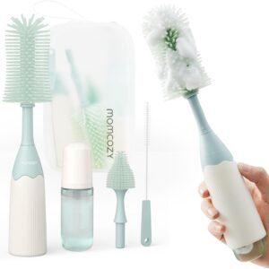 Momcozy Bottle Brush Kit with Push-Press Foam Design – Newborn Essentials Gift, Portable Cleaning Tool for Home & Travel, Baby Bottle Cleaner Brush for Breast Pumps & Nipples, Green