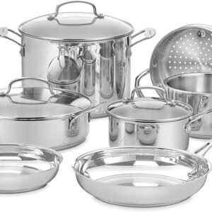 Cuisinart Chef’s Classic 11-Piece Stainless Steel Pots and Pans Set, Cookware Set Compatible with Induction, Electric, Gas Cooktops, Aluminum Core for Even Heat, Cool Grip Handles, Dishwasher Safe