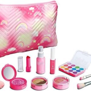 Pretend Makeup Kit for Girls, 11 Pcs Kids Cosmetic Pretend Play Beauty Make Up Set, Not Real Eye Shadow Blush Palette Lipstick wit Hand Bag, Pink