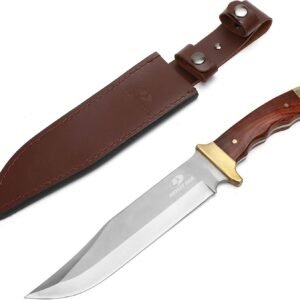 Mossy Oak 14-inch Bowie Knife, Full-tang Fixed Blade, Wood Handle Hunting Knife with Leather Sheath for Camping, Hiking, Survival