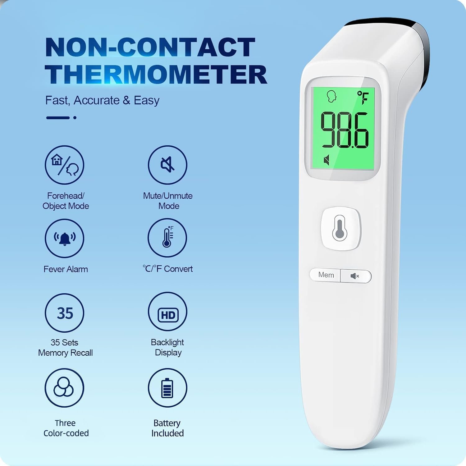No-Touch Thermometer for Adults and Kids, Accurate Digital Baby Thermometer, Fever Alarm & Silent Mode, 2 in 1 Forehead & Object Mode - Image 2