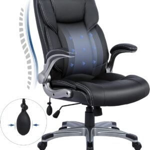 COLAMY High Back Executive Office Chair – Padded Leather Ergonomic Computer Desk Chair with Inflatable Lumbar Support & Flip-Up Arms, Adjustable Tilt Lock Swivel Task Chair for Home Office, Black