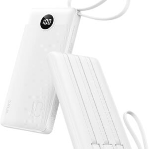 VRURC Portable Charger Power Bank, USB C Battery Pack 10000mAh,5 Outputs 2 Inputs Pocket Travel Charging Bank Built-in Cables for iPhone 17 Pro 17 16 15 14 13,Samsung,Android-White(1 Pack)