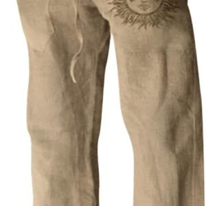 Puimentiua Cotton Linen Pants Men, Summer Beach Pants Loose Fit with Elastic Waist Drawstring