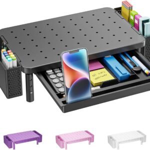 WALI Computer Monitor Stand with Storage, Desk Organizer with Drawer and Pen Holder, Desk Monitor Riser 3 Height Adjustable, Laptop Riser for Computer, Laptop, Printer(PTT003-B), 1 Pack, Black