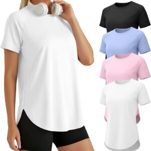 4 Pack Women’s Workout Shirts, Quick Dry Raglan Athletic Tops Short Sleeve Loose Fit Yoga Tee Curved Hem Side Split