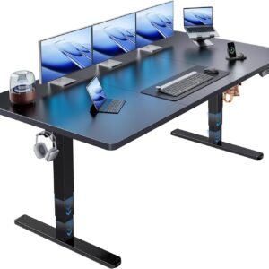HUANUO 71×35 Inch 3-Stage Legs Electric Standing Desk, Large Height Adjustable Office Desk with Brushless Motor, Stand Up Desk with 4 Memory Presets & 2 Hooks, Computer Desk for Home Office, Black