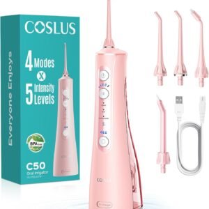 COSLUS C50 Portable Water Flosser for Teeth: 4 Modes & 5 Intensity Levels Professional Electric Dental Pick for Sensitive Gums, Braces & Orthodontic – Cordless for Travel Use, BPA-Free