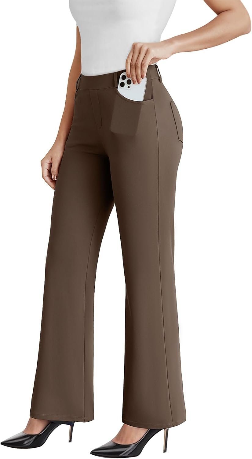 DLOODA Dress Work Pants Women Business Casual Slack Trousers Stretchy Pull On Office Flare Pants with Pockets