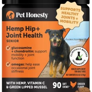 Senior Hemp Hip and Joint Supplement for Dogs – Glucosamine Chondroitin, MSM & Green Lipped Mussel – Relief for Joint Stiffness, Advanced Strength Mobility Support for Senior Dogs (Chicken, 90 Ct)
