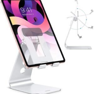 OMOTON Adjustable Tablet Stand for Desk, Upgraded Longer Arms for Greater Stability, T2 Tablet Holder with Hollow Design for Bigger Sized Phones and Tablets Such as iPad Pro/Air/Mini, Silver