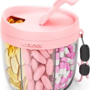AMOOS Cute Pill Dispenser with 7 Compartments, Pill Bottle Organizer with Anti-Mix Design, Portable Pill Organizer for Travel with Wide Mouth for Easy Access, BPA-Free Patented Pill Container, Pink