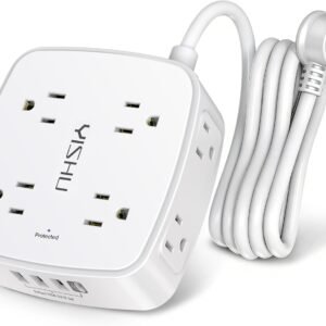 6 Ft Surge Protector Power Strip – 8 Widely Outlets with 4 USB Ports, 3 Side Outlet Extender with 6 Feet Extension Cord, Flat Plug, Wall Mount, Desk USB Charging Station, ETL,White