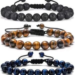 M MOOHAM Beaded Bracelets Set for Men Teen Boys – Beaded Natural Stone 8mm Tiger Eye Matte Agate Lava Rock Bracelets for Men Teen Boys Dad Grandpa Birthday Gifts Jewelry