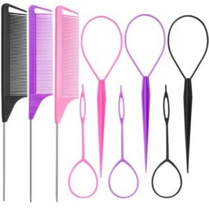 Luumxai 9pcs Topsy Hair Tail Tool and rat tail comb set,6pcs French Braiding Tool ring,3Pcs Metal Parting Combs,Woman Girl Hair Styling (Pink,Purple, Black)