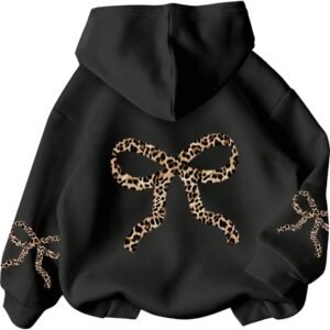Girl’s Bow Cheetah Leopard Hoodies Long Sleeve Pullover Tops Preppy Cute Sweatshirts Hoodies