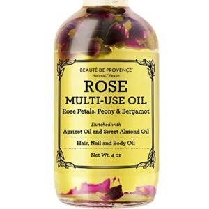 BEAUTE DE PROVENCE Multi-Use Oil for Face, Body and Hair – Organic Blend of Apricot, Vitamin E and Sweet Almond Oil Moisturizer for Dry Skin, Rose Petals, Bergamot Essential Oil – 4 Fl Oz