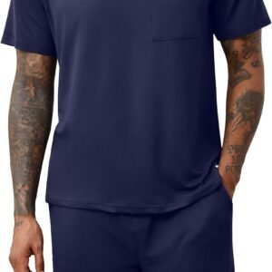 Ekouaer Mens Pajamas Set Soft Lounge Set V Neck Sleep Nightwear Short Sleeve Pjs with Pocket S-XXL