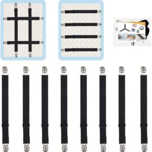Adjustable Bed Sheet Straps Clips, Elastic Mattress Sheet Fasteners Holder and Suspenders, Grippers to Hold Sheet, Mattress, Sofa, Couch, Table Cloth, Ironing Board Cover, 8Pcs, Black