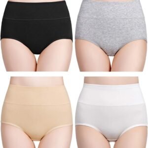 wirarpa Women’s Cotton Underwear High Waisted Ladies Panties Full Coverage Briefs 4 Pack (Regular & Plus Size)