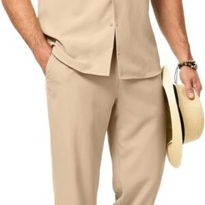 JMIERR Men Texture 2 Piece Outfit Short Sleeve Lightweight Beach Button Down Shirt Casual Pant Sets with Pocket