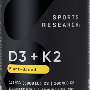 Sports Research® Vitamin D3 + K2 w/ Coconut Oil – Vegan Vitamin D 5000iu & Mk7 Vitamin K 100mcg for Bone & Immune Support – Vegan Certified · Non-GMO · Soy Free – 60 Softgels