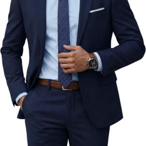 YND Men’s 2 Piece Suit with Tie, One Button Slim Fit Solid Jacket and Pants Set, Suits for Men Prom Party Wedding & Business