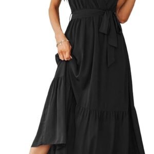 PRETTYGARDEN Women’s Summer Floral Boho Maxi Dress Short Sleeve Wrap V Neck Ruffle Long Flowy Beach Wedding Guest Dresses