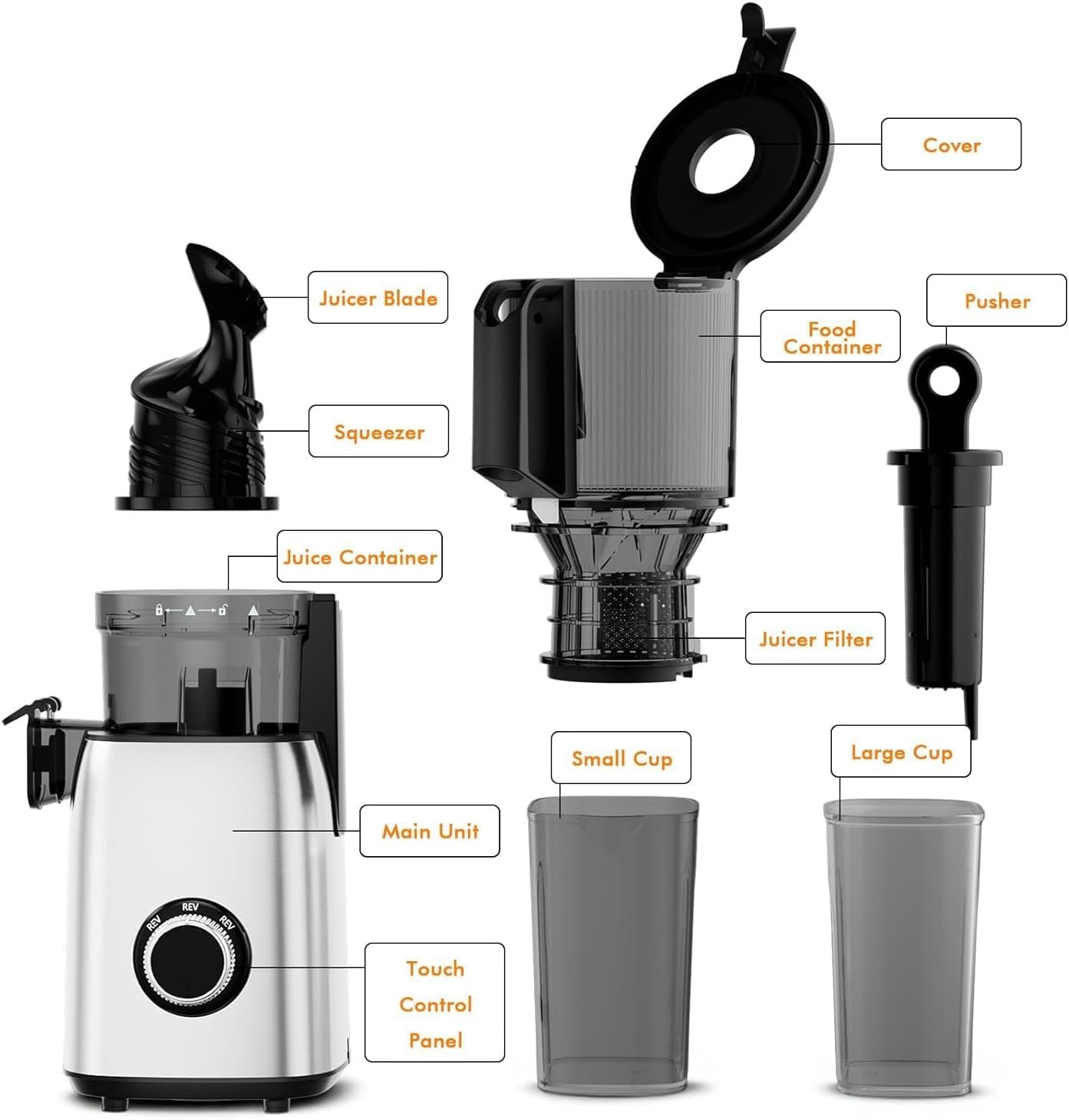 Slow Juicer Machine with 300W Pure Copper Motor, 5.4-Inch Wide Chute & Reverse Function, Stainless Steel Juicer for Family Daily Use - Image 6