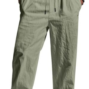 Men’s Linen Pants Lightweight Drawstring Elastic Waist Pockets Loose Fit Straight Legs Summer Beach Yoga