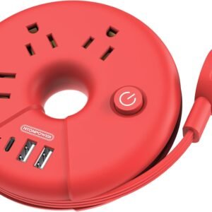 Travel Power Strip, NTONPOWER Desktop Charging Station with 3 Outlets 3 USB Short Wrapped Extension Cord 3ft for Travel, Cruise Ships, Office, Nightstand, Red