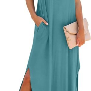 RUMIA Summer Casual Maxi Dresses for Women- Women’s V Neck Cap Sleeve Long Sundress with Pockets Beach Vacation