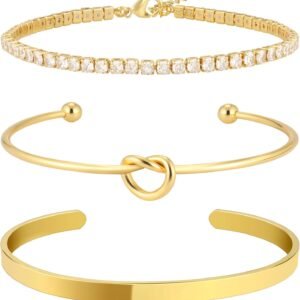Zalcon Gold Bangle Cuff Knot Bracelet for Women Stack Non Tarnish Gold Plated Cubic Zirconia Tennis Bracelets Jewelry Set for Women Trendy
