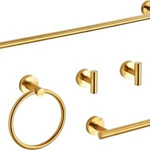 Brushed Gold Bathroom Hardware Set 5 Piece with Towel Racks for Bathroom, SUS304 Stainless Steel Bath Towel Bar Set, 24 Inch Wall Mounted Accessories Kit…