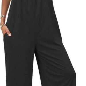 LILBETTER Women Jumpsuits Casual Sleeveless Spaghetti Strap Boho Wide Leg Rompers with Pockets